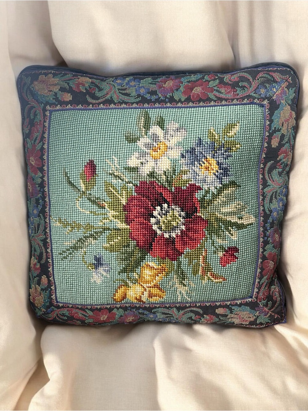 Vintage Needlepoint Floral Tapestry Throw Pillow